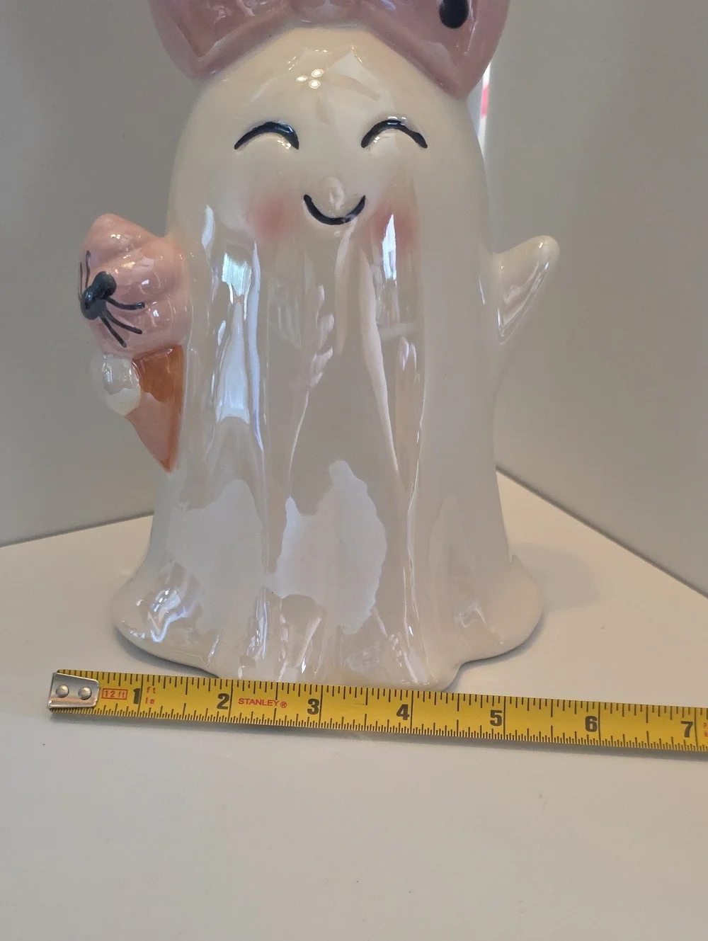 Viral Ceramic Halloween Ghost With Big Pink Bow & Ice Cream Cone 8.5